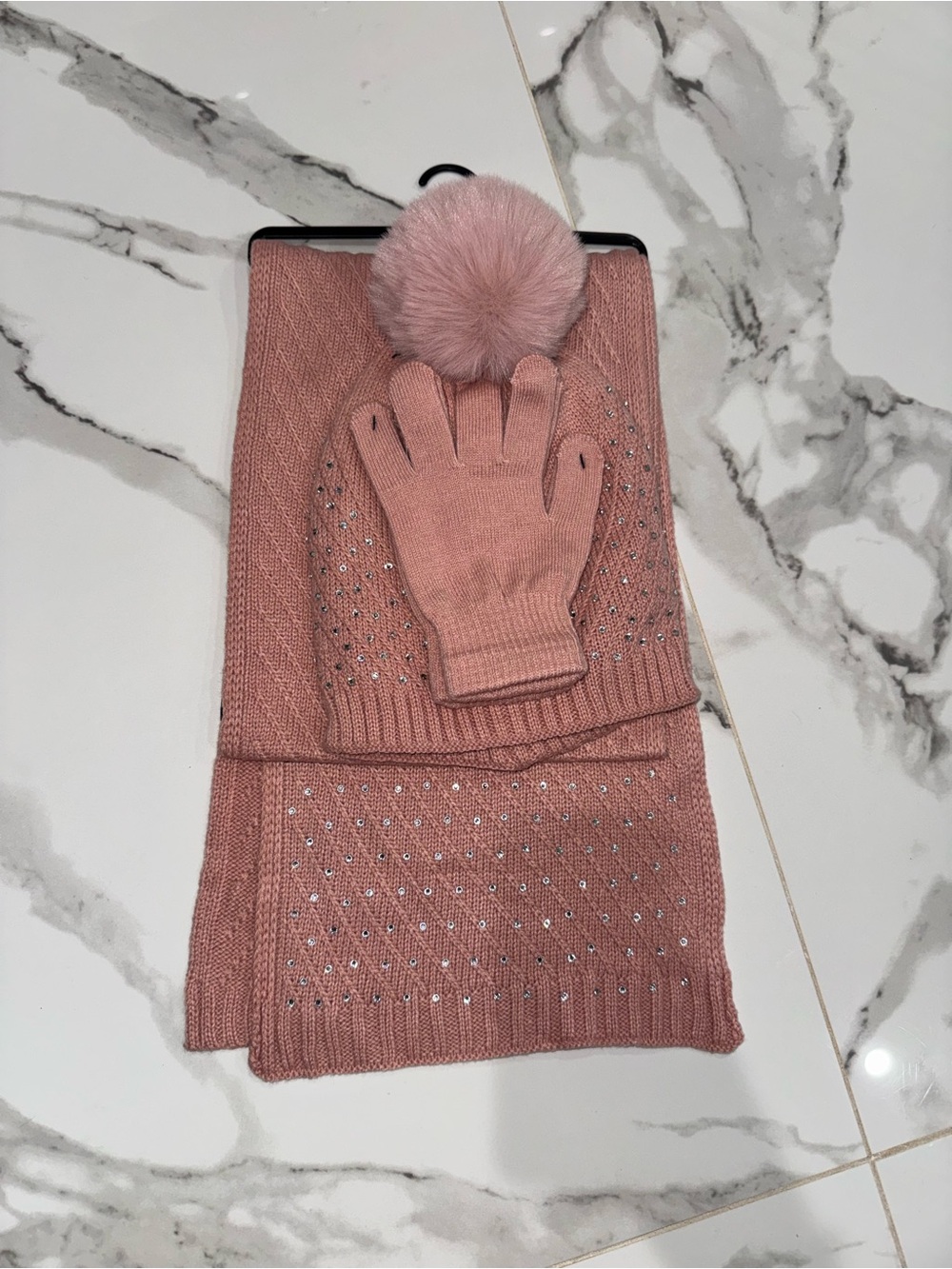 Source Unknown Blush Pink Knit Hat, Scarf & Glove Set with Crystal Accents